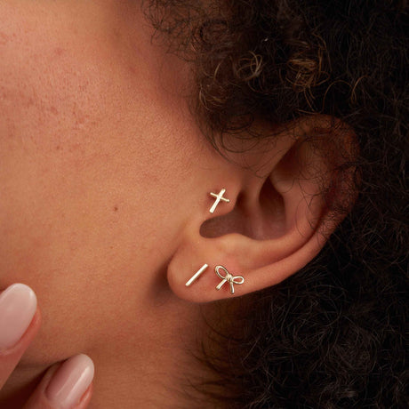 14K Solid Gold Piercing Stud Earrings, Cross Bow Bar Minimal Cartilage Stacking Studs