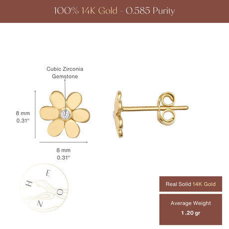 14K Solid Gold Flower Stud Earrings, Daisy CZ Floral Minimal Gold Studs