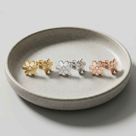 14K Solid Gold Flower Stud Earrings, Daisy CZ Floral Minimal Gold Studs