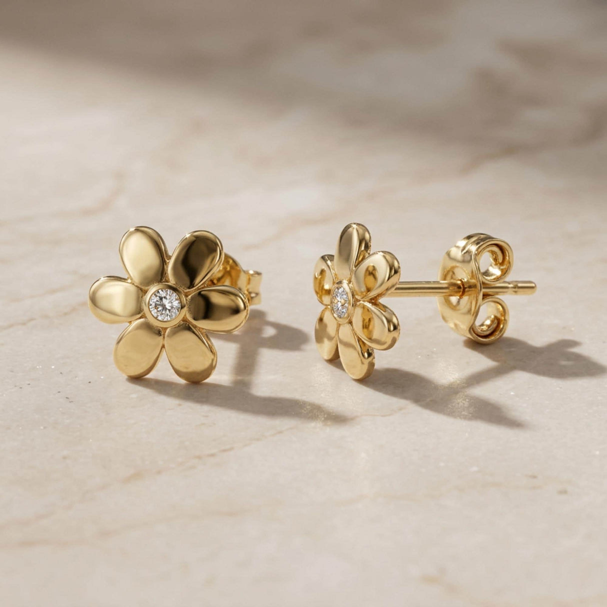 14K Solid Gold Flower Stud Earrings, Daisy CZ Floral Minimal Gold Studs