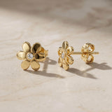14K Solid Gold Flower Stud Earrings, Daisy CZ Floral Minimal Gold Studs