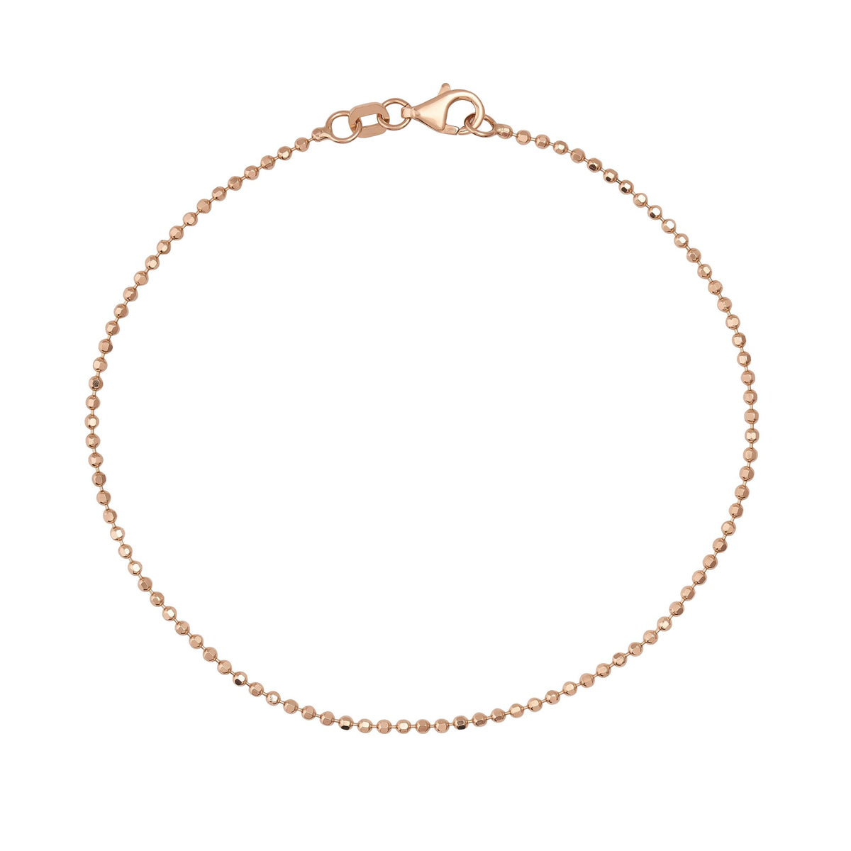 Pulsera de cadena de bolitas en oro rosa de 14 quilates sobre fondo blanco