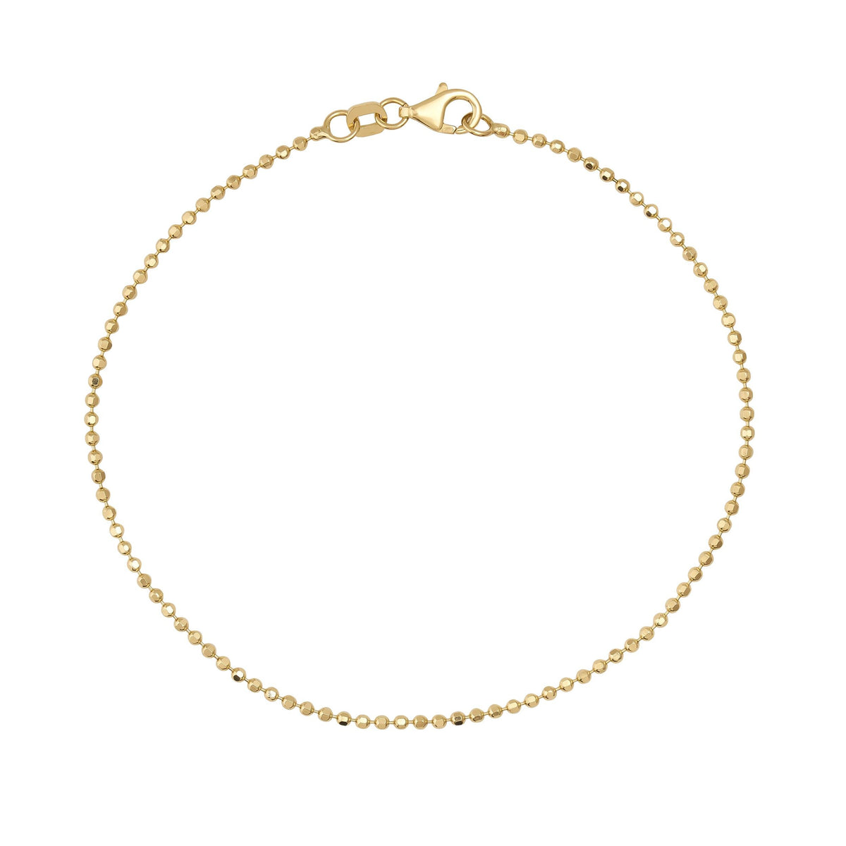 Pulsera de cadena de bolitas en oro amarillo de 14 quilates sobre fondo blanco