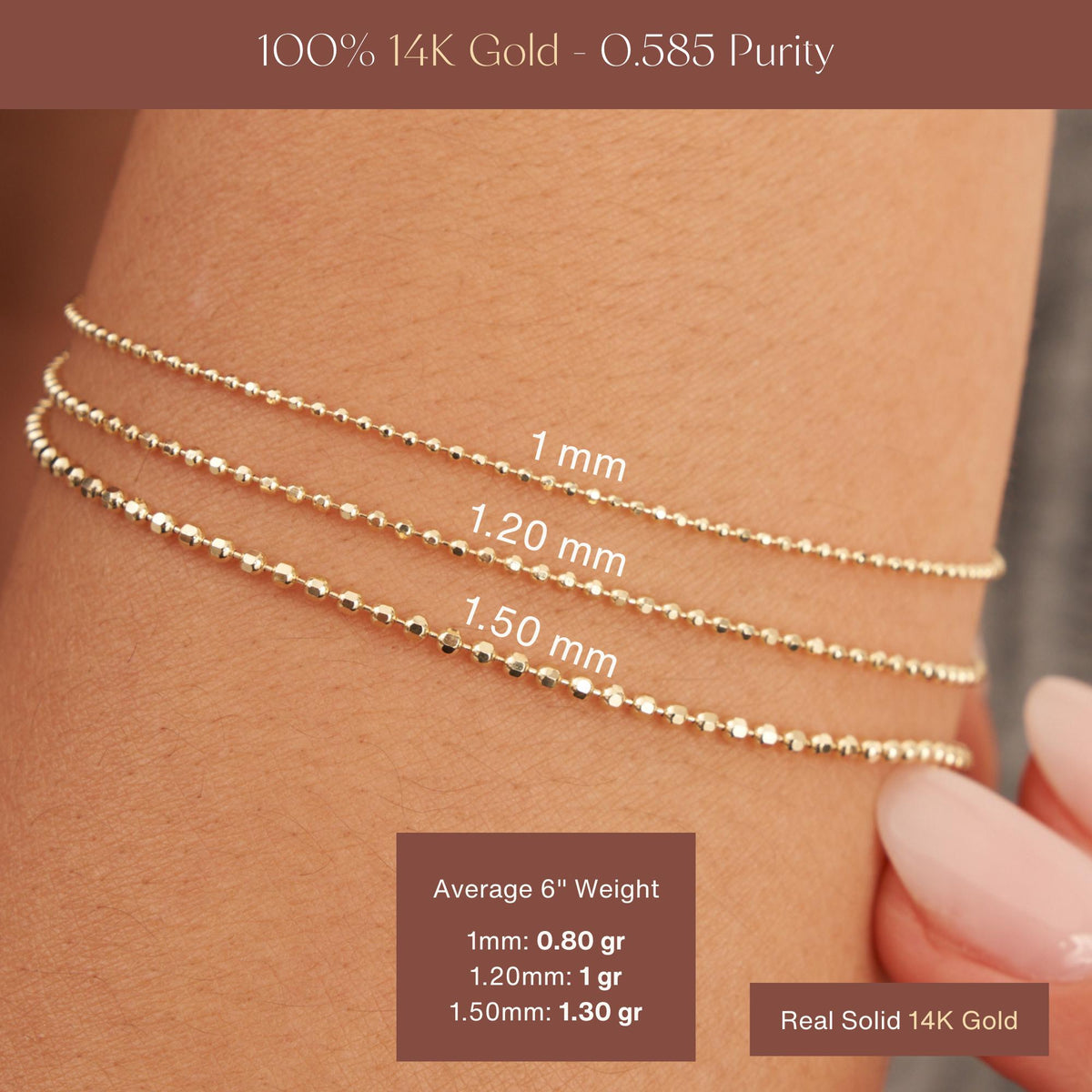 Tabla de medidas de las pulseras de cadena de bolitas en oro amarillo de 14 quilates en la muñeca: 1 mm, 1,20 mm y 1,50 mm, con el peso medio para 6" (15,2 cm)