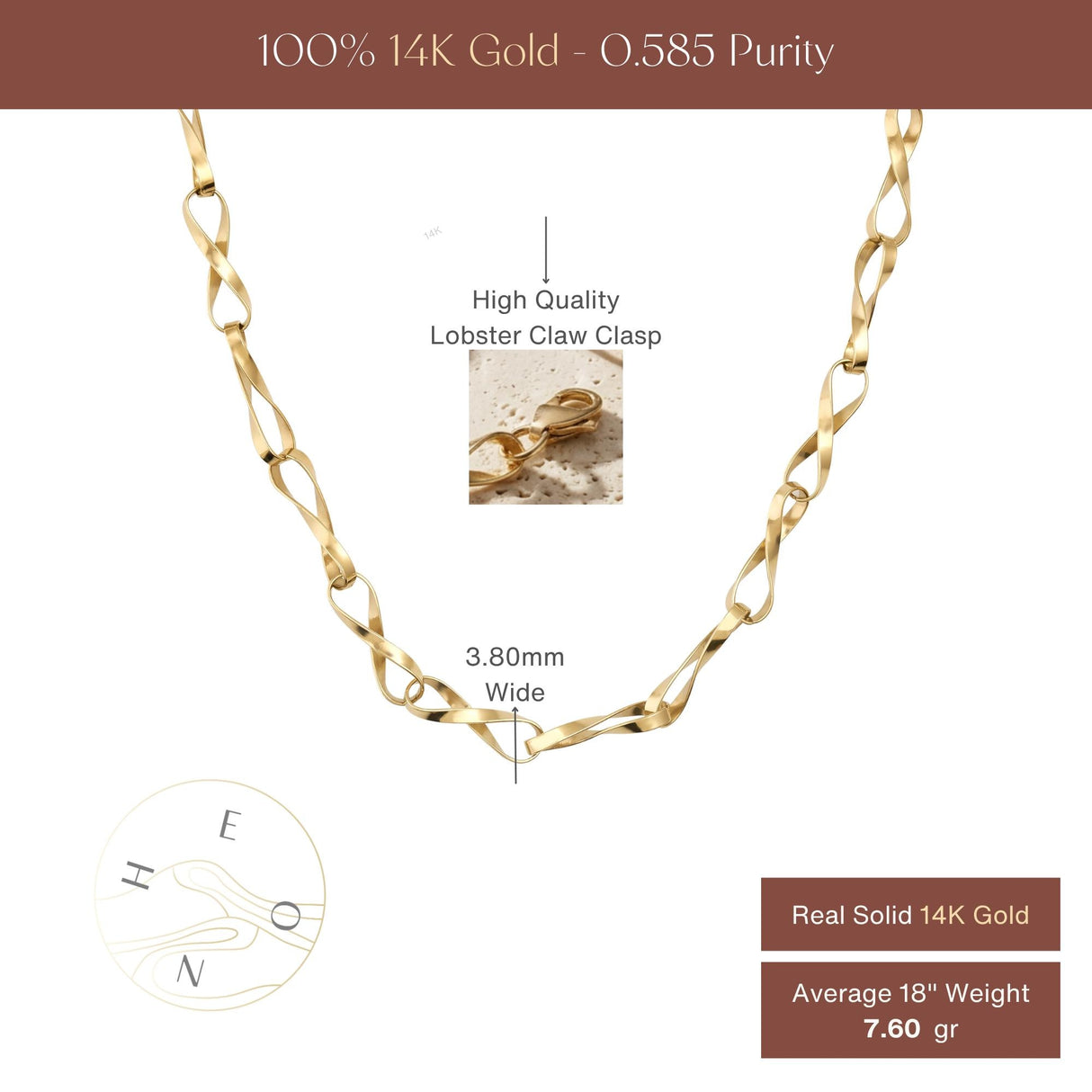 14K Solid Gold Twisted Infinity Link Chain Necklace 3.8mm