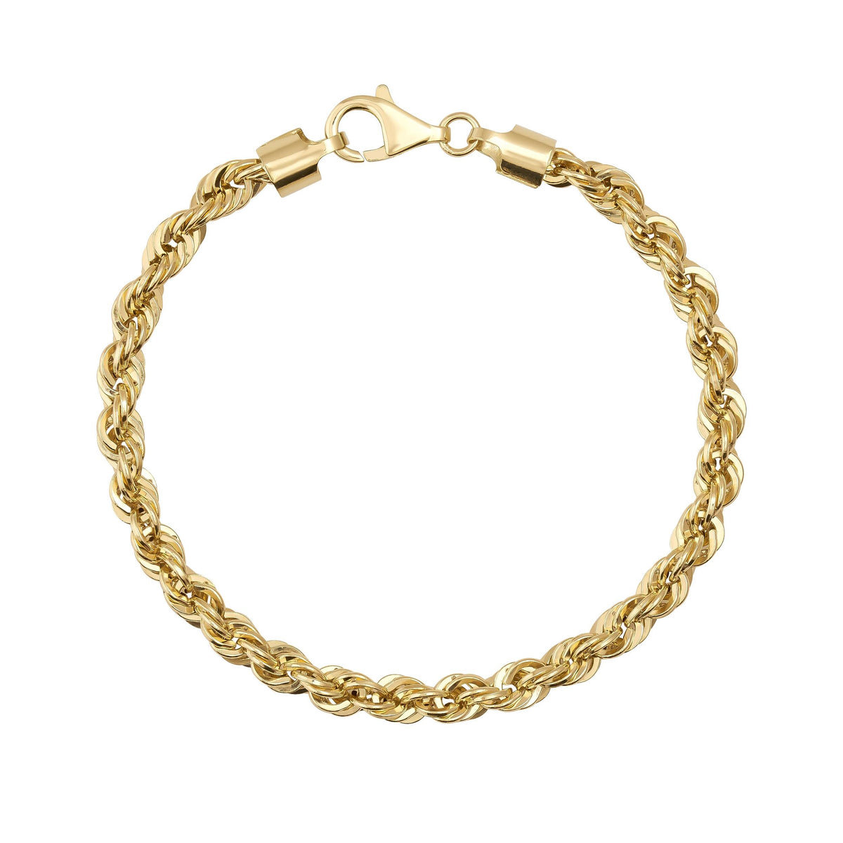 Bracciale a catena a corda in oro giallo 14kt con chiusura a moschettone, su sfondo bianco