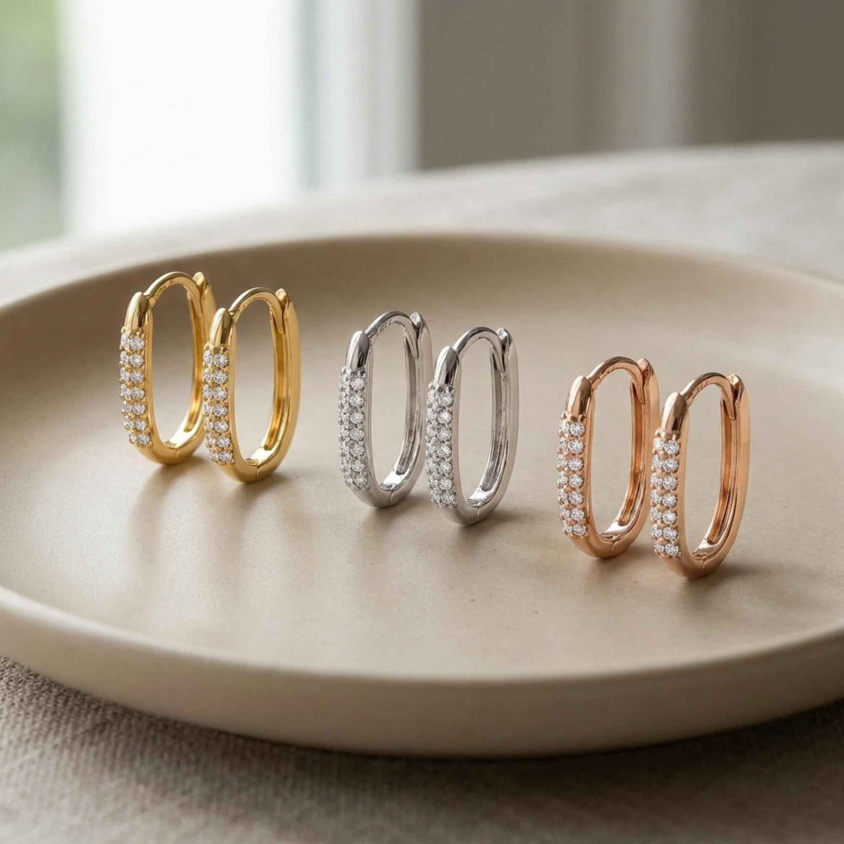 14K Gold Pave Hoop Earrings Diamond Look CZ Small Oval Huggie Minimal Hoop