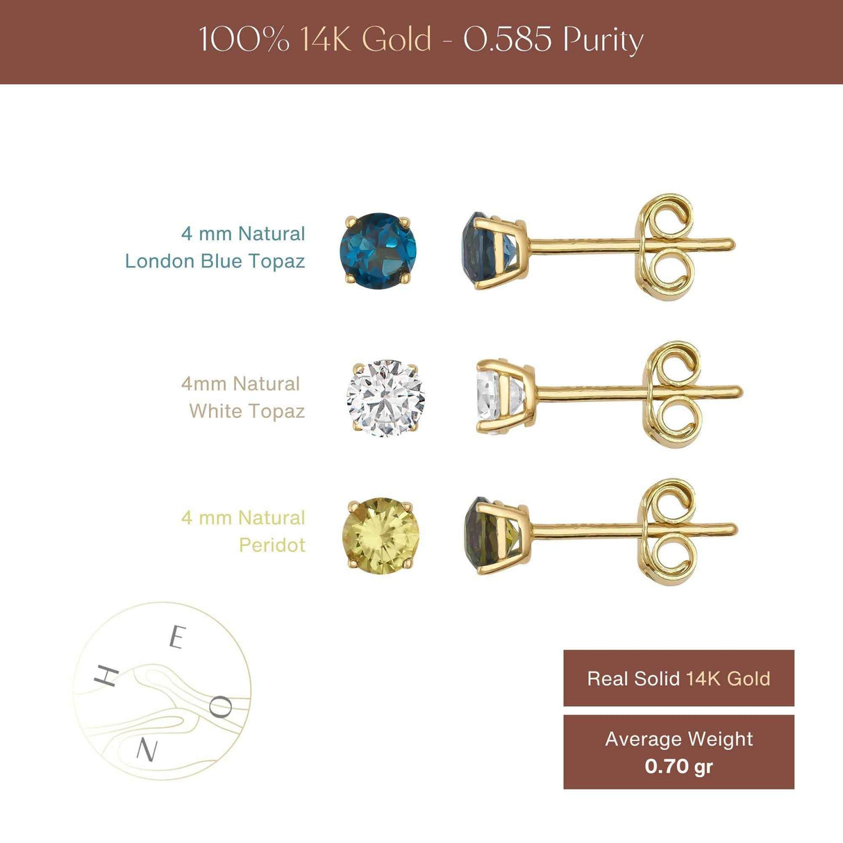 14K Gold Topaz Stud Earrings 4mm Round Gemstone Blue White Peridot Minimal
