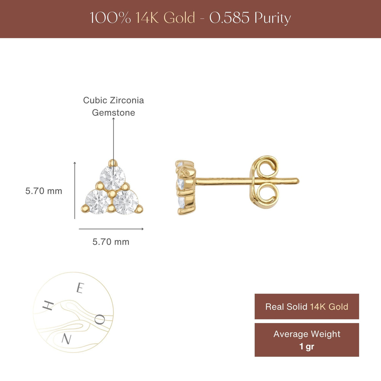 14K Gold CZ Cluster Stud Earrings Triangle Dainty Diamond Look Minimal Stud