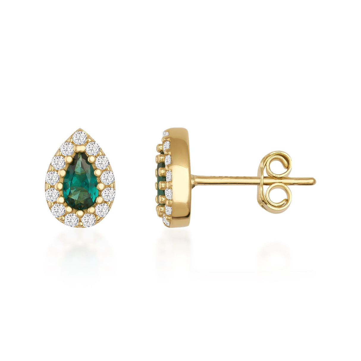 14K Gold Pear Halo Stud Earrings Sapphire Emerald Ruby Diamond Look Elegant