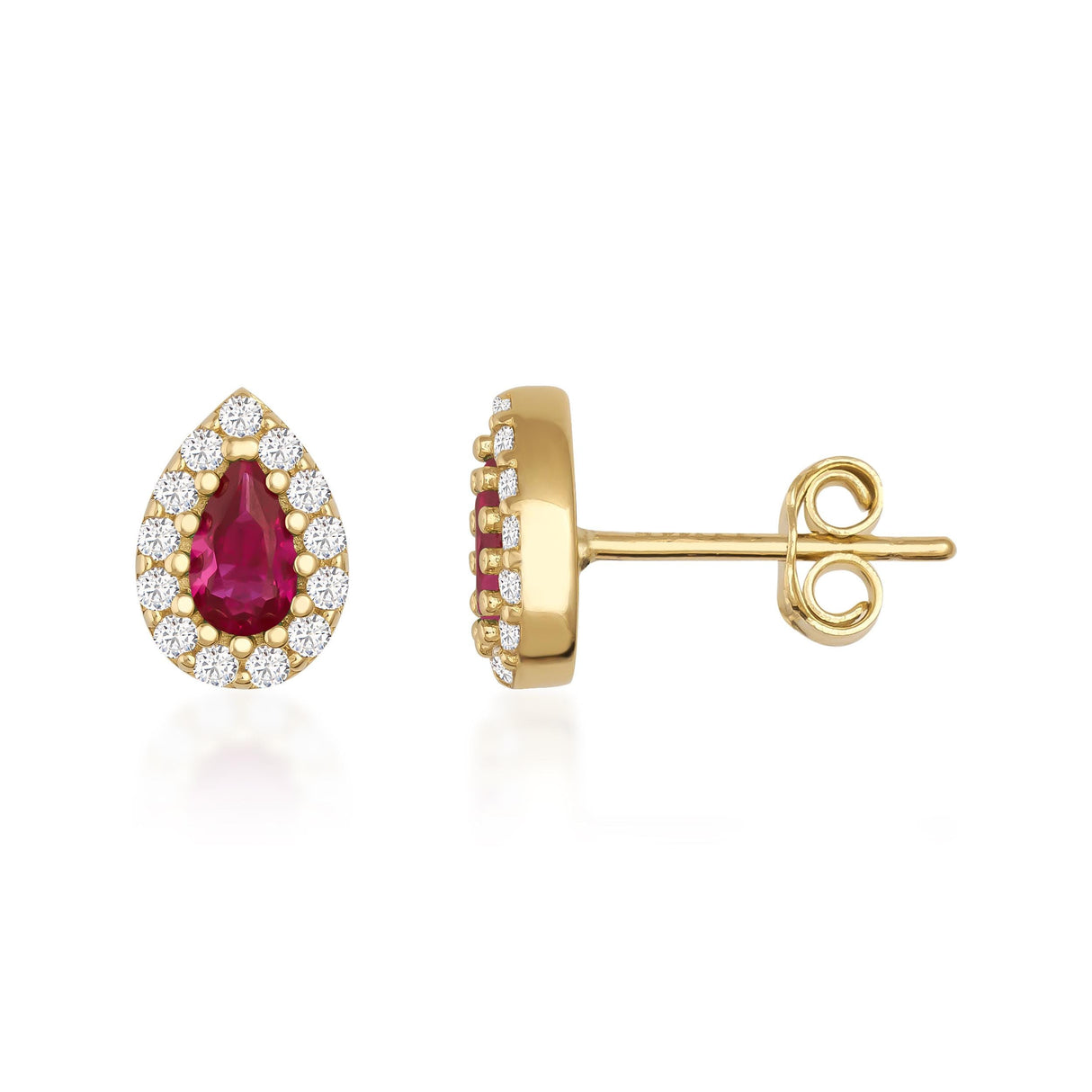 14K Gold Pear Halo Stud Earrings Sapphire Emerald Ruby Diamond Look Elegant