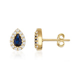 14K Gold Pear Halo Stud Earrings Sapphire Emerald Ruby Diamond Look Elegant