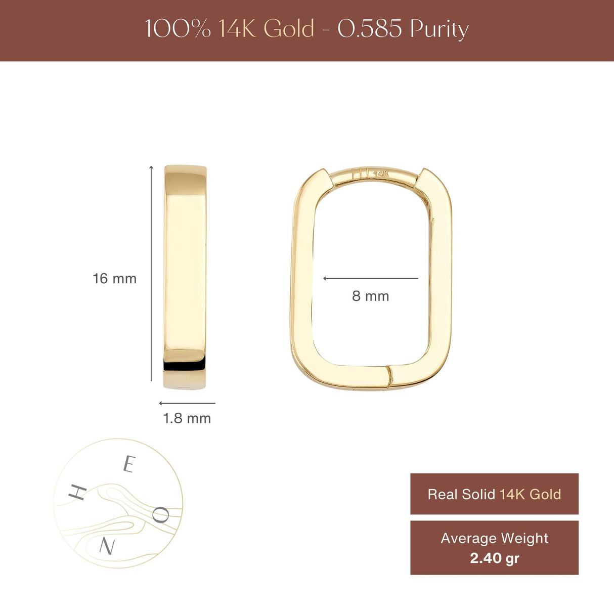 14K Solid Gold Rectangular Hoop Earrings, Minimal Geometric Huggie Hoops