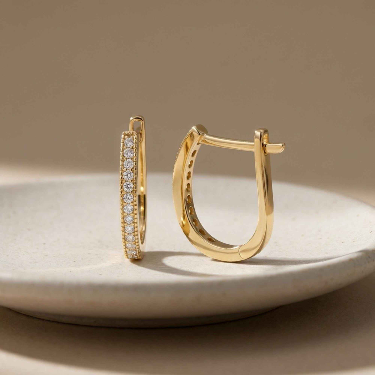 14K Gold Diamond Simulant Hoop Earrings Oval Huggie CZ Pavé Minimal Gold Hoops