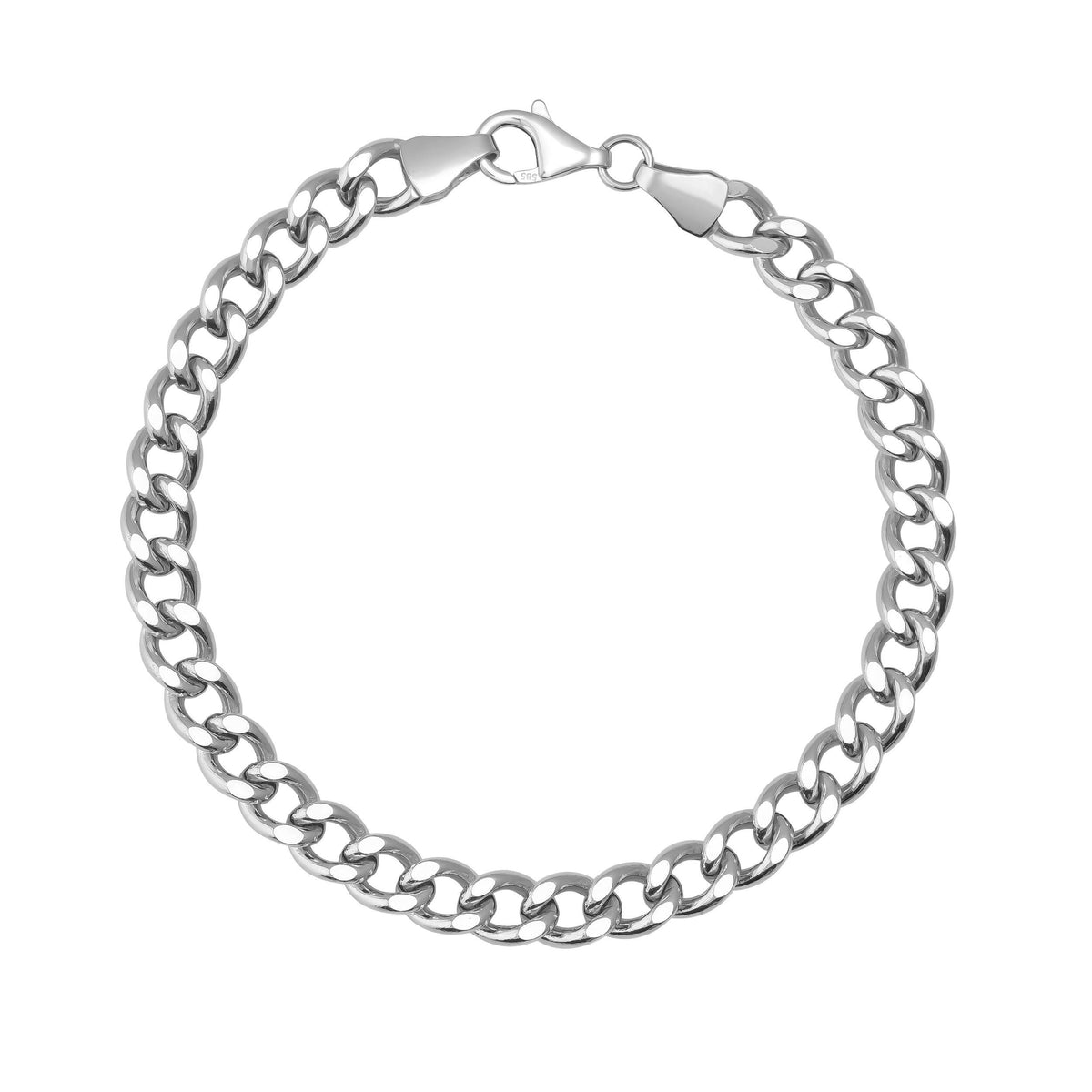Pulsera de cadena cubana en oro blanco de 14 quilates extendida sobre fondo blanco