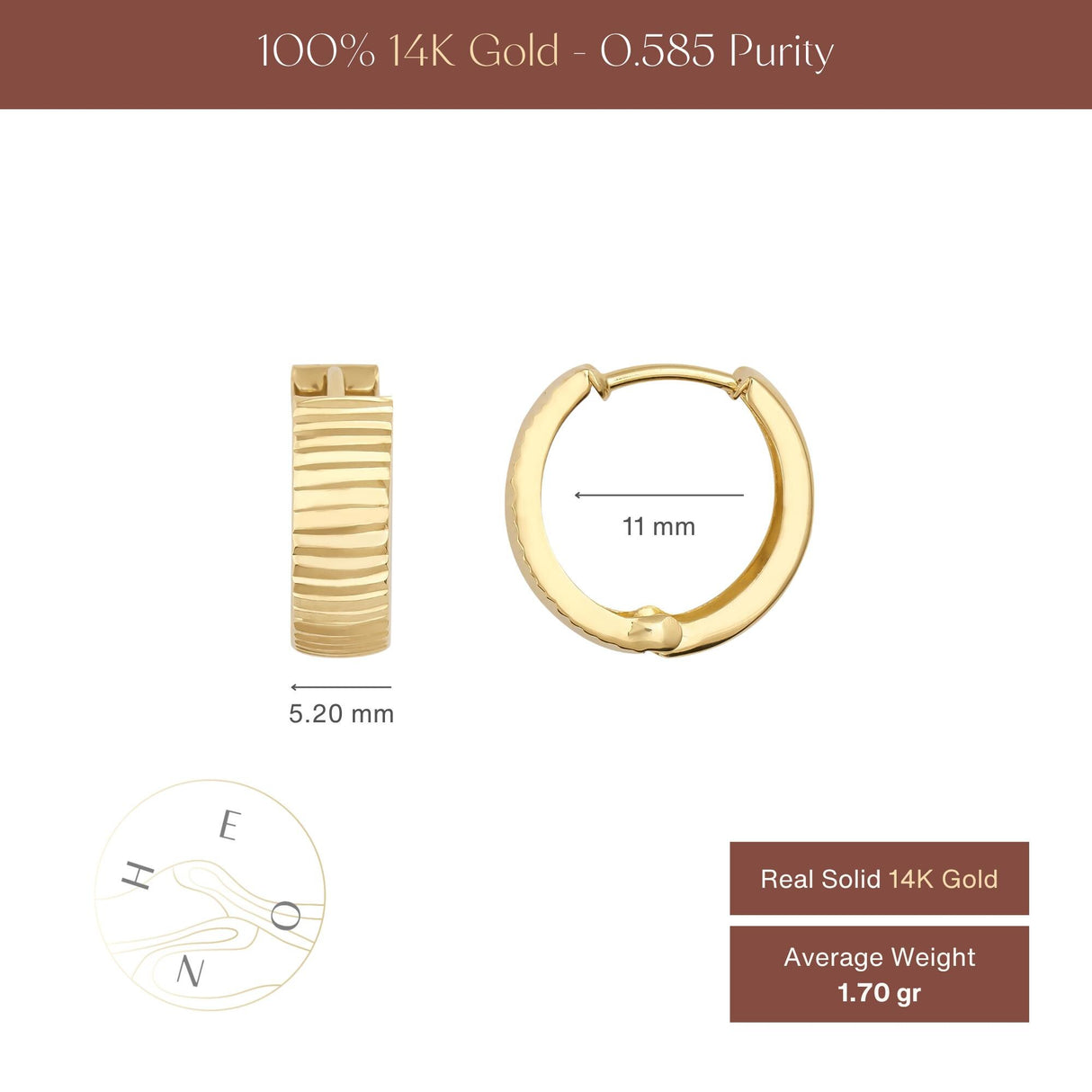 14K Solid Gold Wavy Hoop Earrings, Chunky Ripple Huggie Gold Hoops