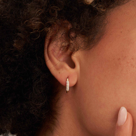 14K Gold Pave Hoop Earrings Diamond Look CZ Small Oval Huggie Minimal Hoop