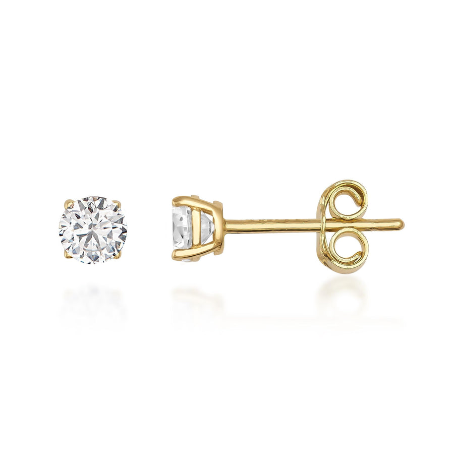 Orecchini a lobo con pietra da 4 mm in oro giallo 14kt con topazio bianco, vista frontale e laterale su sfondo bianco