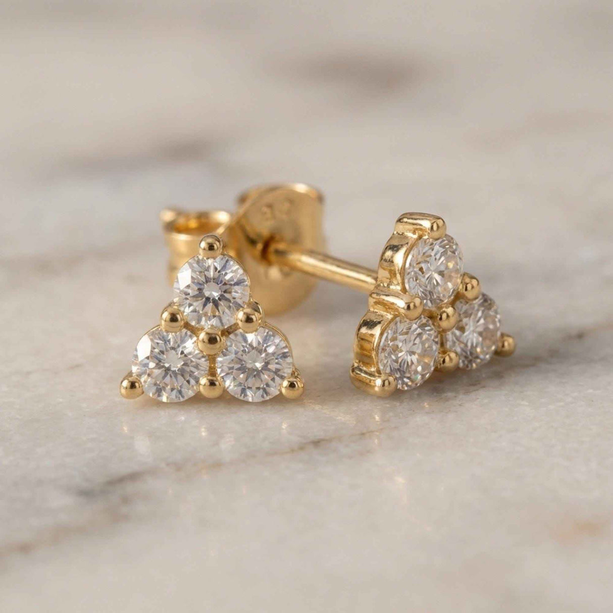 14K Gold CZ Cluster Stud Earrings Triangle Dainty Diamond Look Minimal Stud