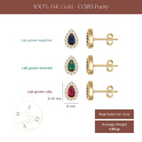 14K Gold Pear Halo Stud Earrings Sapphire Emerald Ruby Diamond Look Elegant