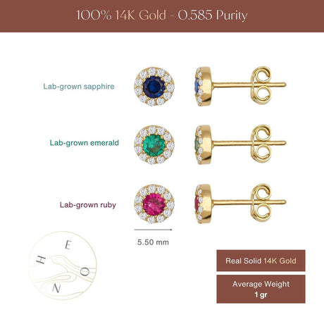 14K Gold Halo Stud Earrings Sapphire Emerald Ruby Diamond Look Birthstone Jewelry