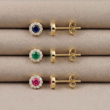 14K Gold Halo Stud Earrings Sapphire Emerald Ruby Diamond Look Birthstone Jewelry