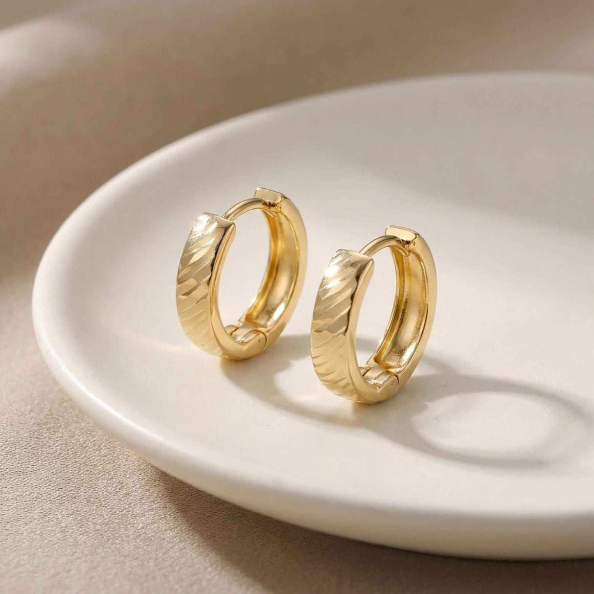 14K Gold Textured Hoop Earrings Huggie Hoops Minimalist
