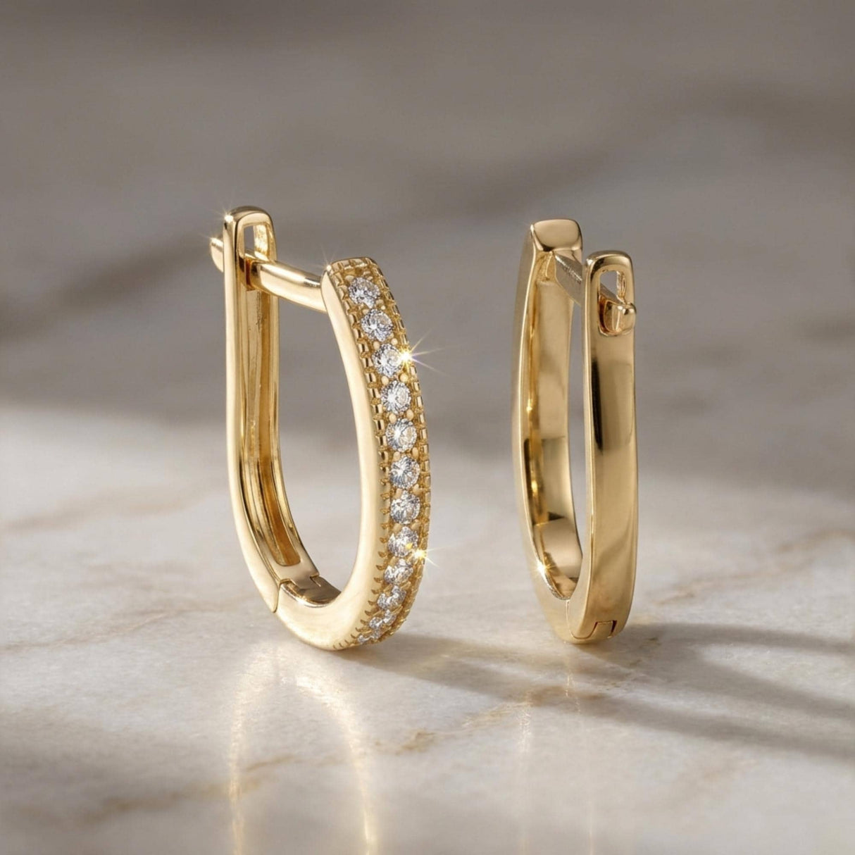 14K Gold Diamond Simulant Hoop Earrings Oval Huggie CZ Pavé Minimal Gold Hoops