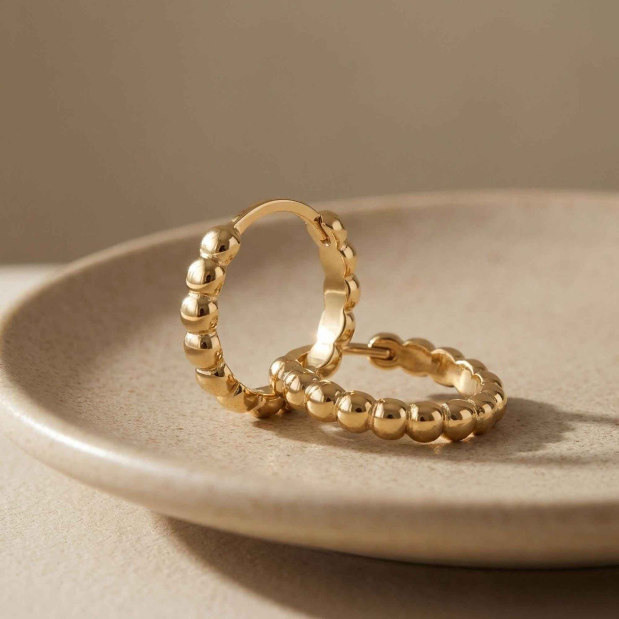 14K Gold Beaded Hoop Earrings Bubble Huggie Minimal Gold Ball Hoops