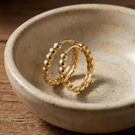 14K Gold Beaded Hoop Earrings Bubble Huggie Minimal Gold Ball Hoops