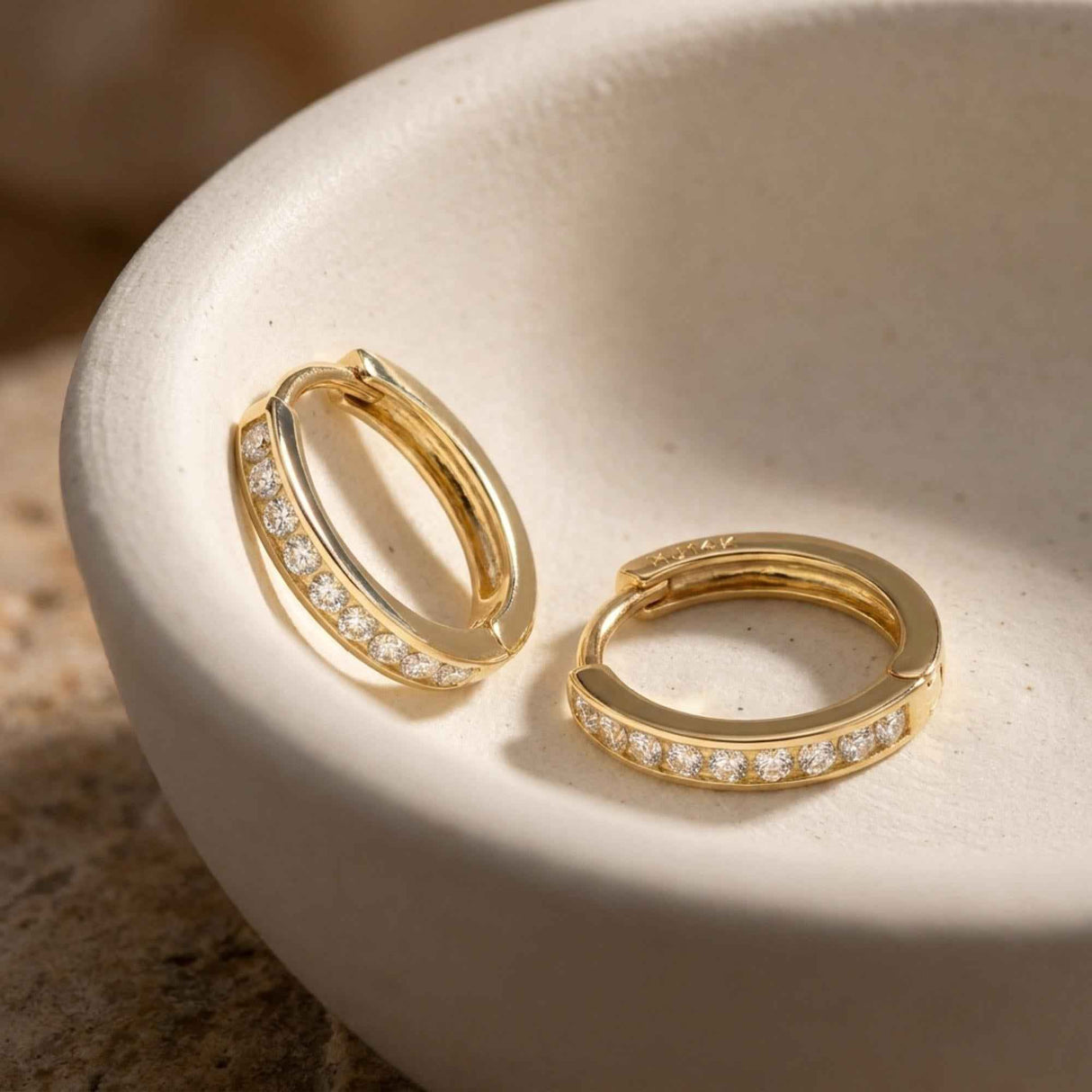 14K Gold CZ Hoop Earrings Thin Huggie Hoops Minimal Diamond Look Hoops